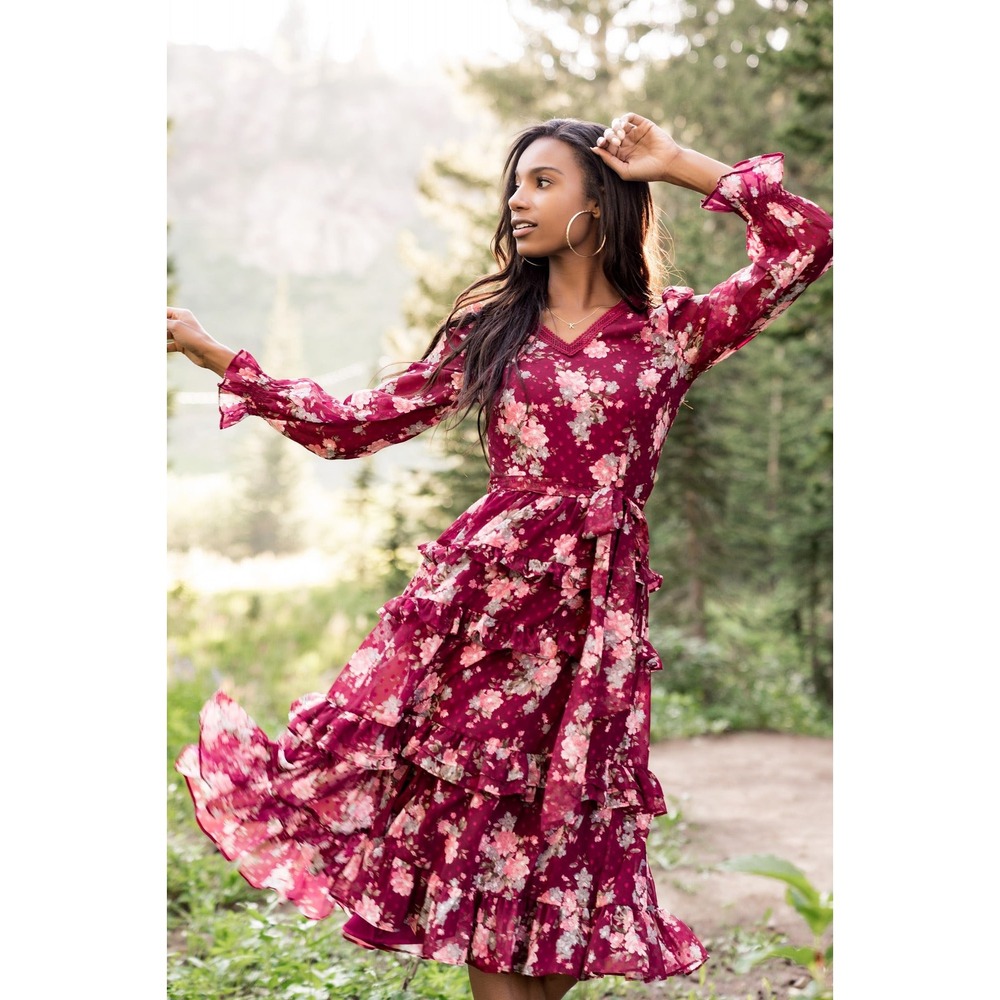 Rachel Parcell Burgundy Joanna Floral Swiss Dot Ruffle Dress Size S Burgundy